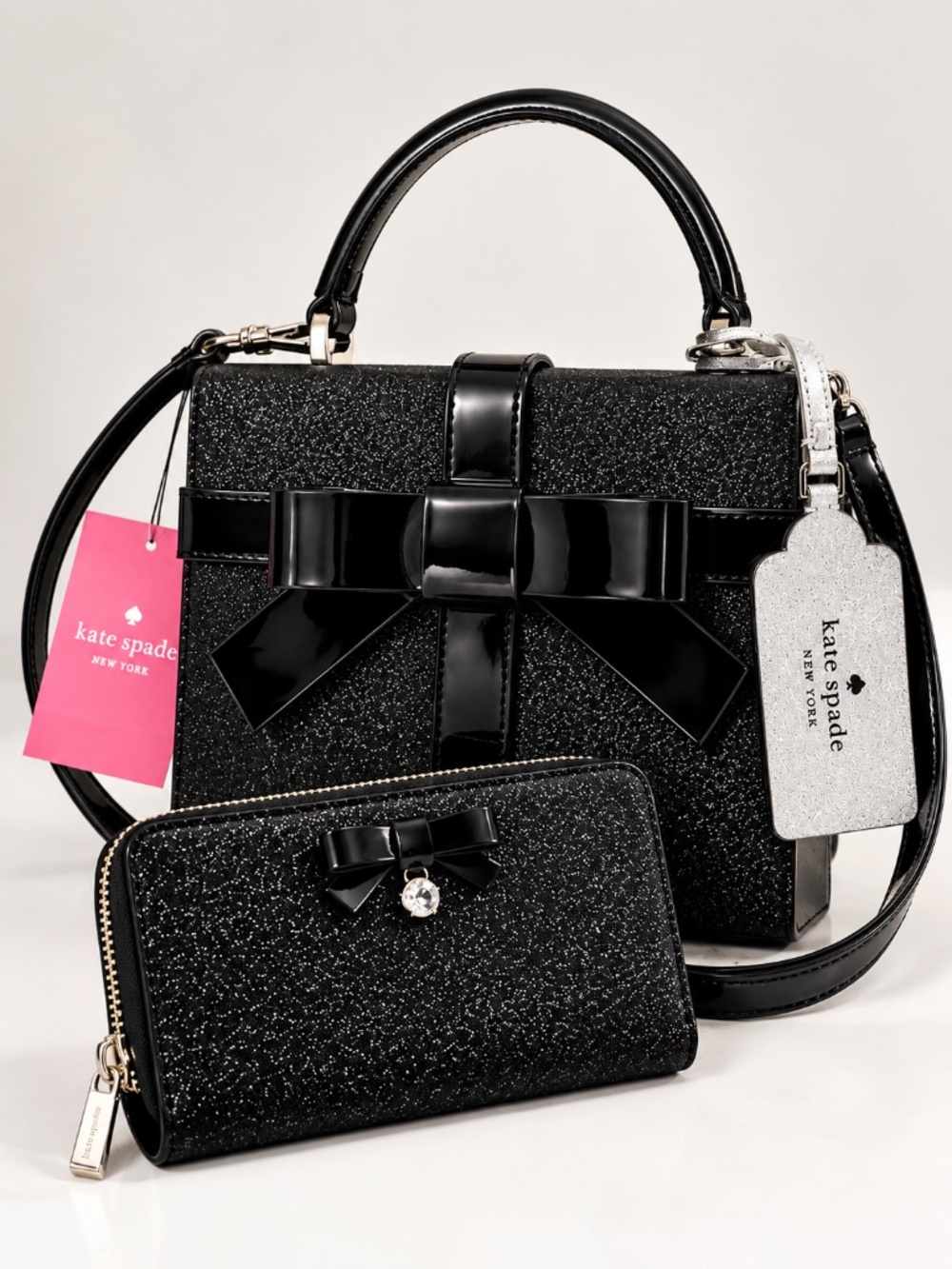 NWT $520 KATE SPADE 2pc Gift Box Top Handle Bag + Wallet Set Black Glitter Bow